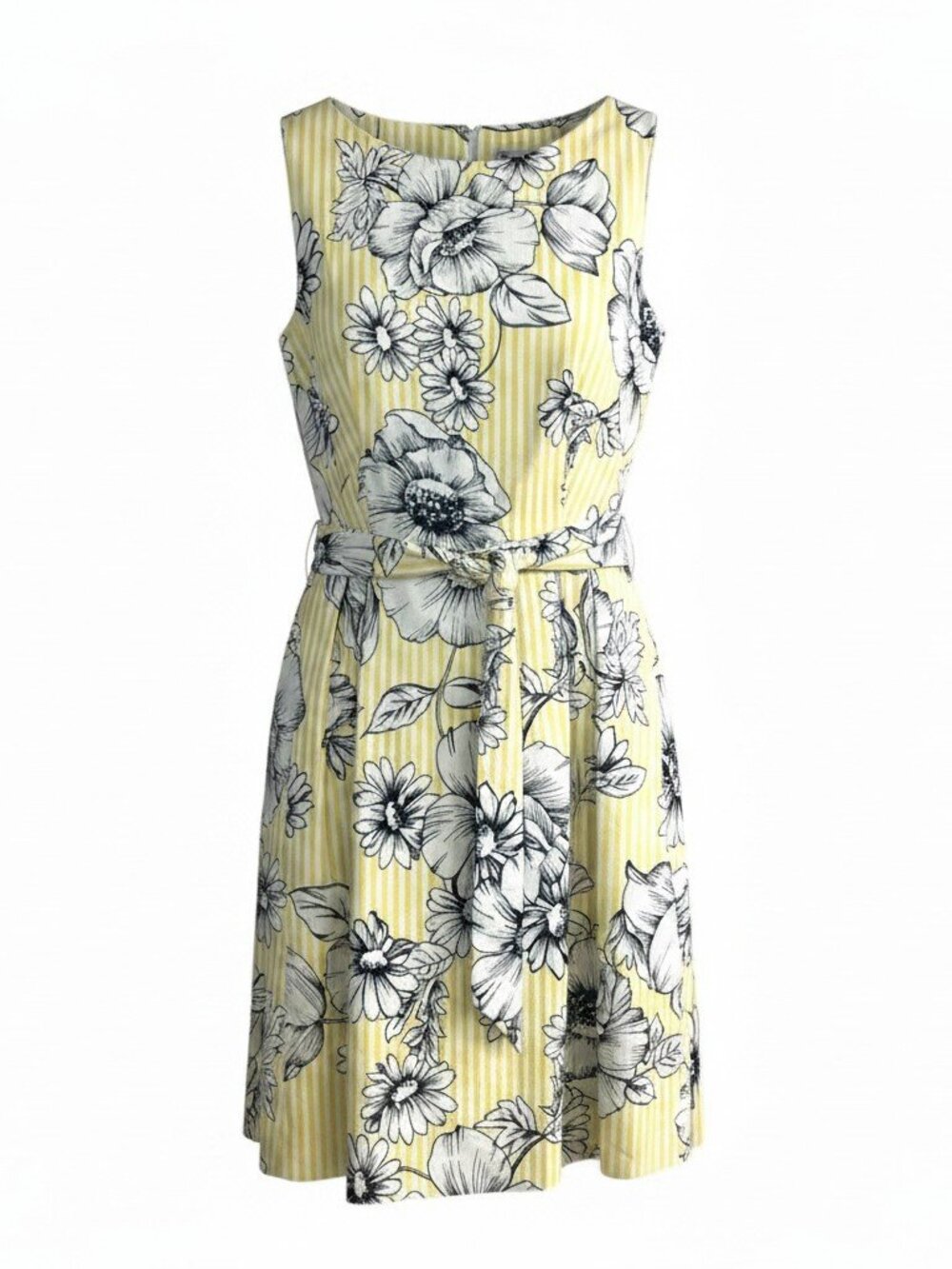 Anne Klein Women's Size M Fit & Flare Dress Yellow White Floral Self-Tie Belt